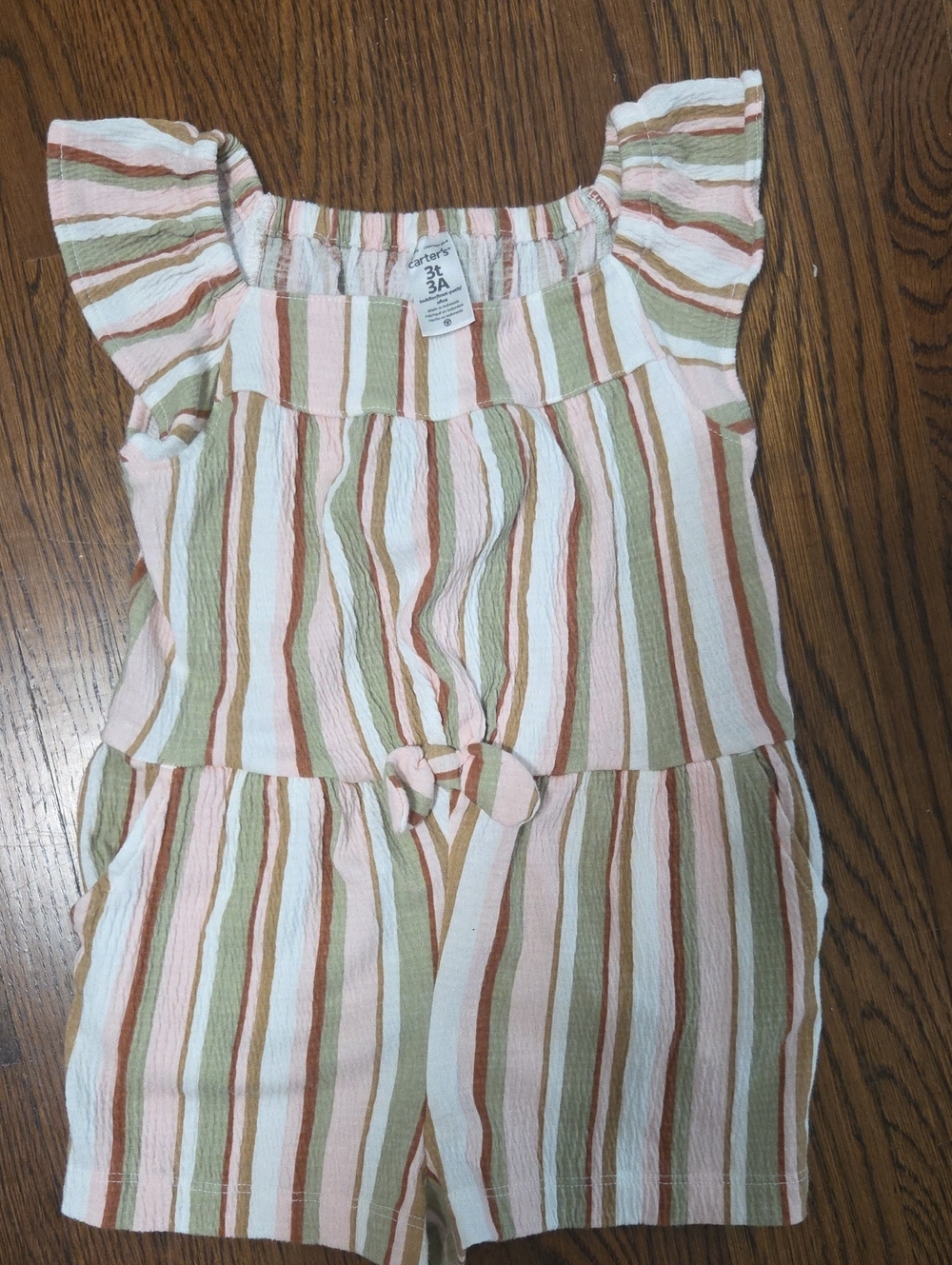 Carter's Pink, Green & Brown Striped Girls Romper with Flutter Sleeves